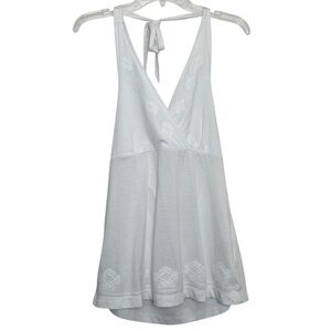 Y2K Mudd White Halter Babydoll Tank Top Tie Back Embroidered Floral Size Large